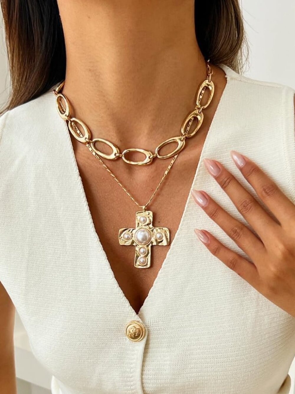 Gold Chunky Cross Necklace for Women Statement Pearl Cross Pendant Necklace Chun - Picture 3 of 7